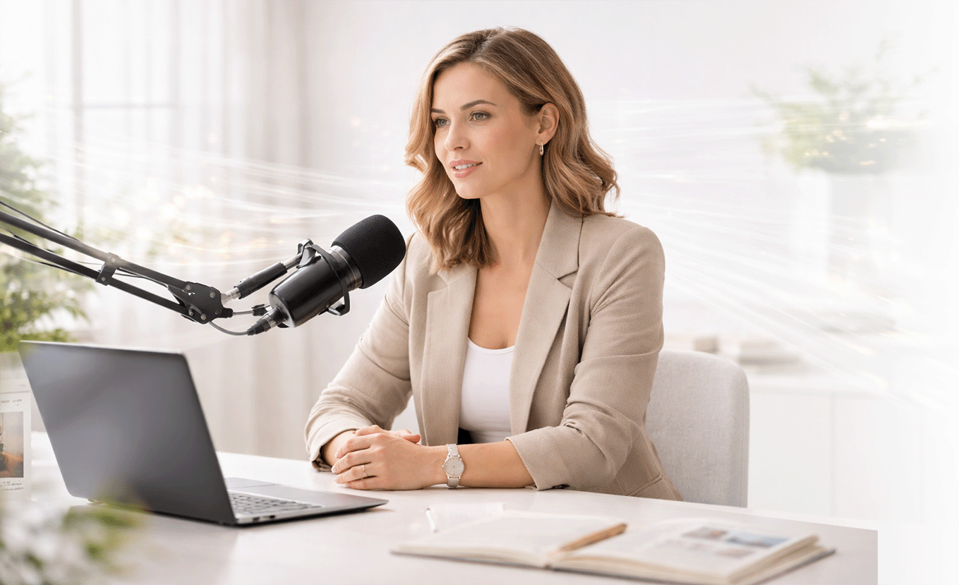 A hero image with a female podcast host sitting at a desk with microphone