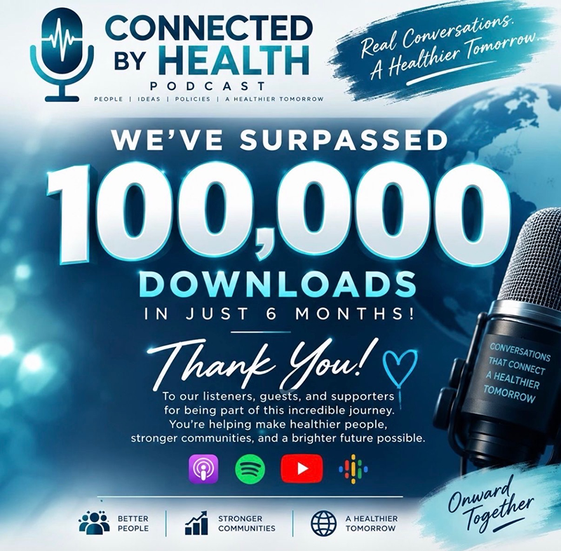 celebratory graphic noting 100,000 downloads for connected by health podcast